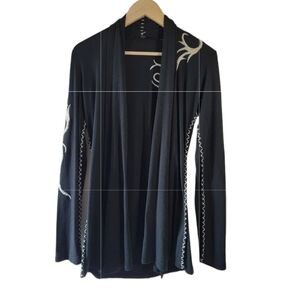 ENTI Women's Black Ivoru Embroidered Open Front Cardigan Sz L Boho Wool Blend